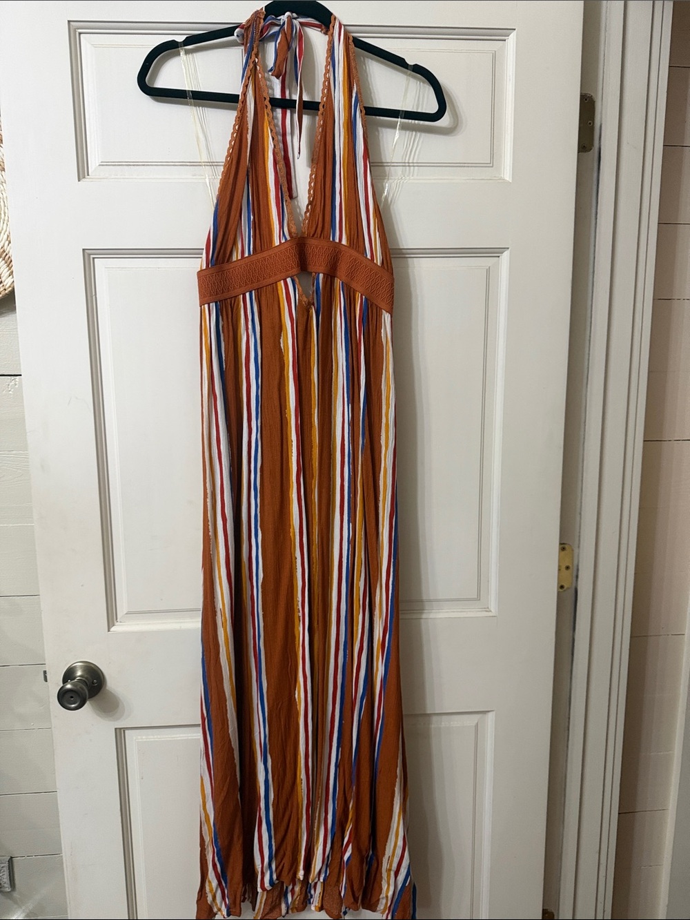 Cozy Casual Striped Halter Maxi Dress in Rust, White, Blue, Mustard